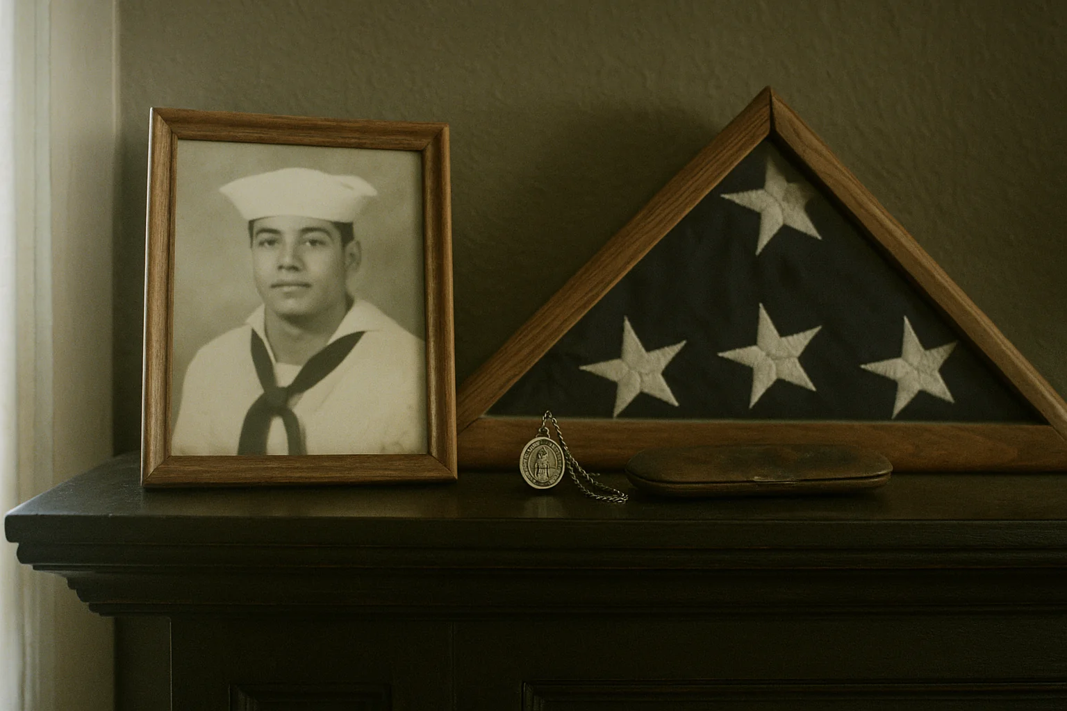 Memorial de veterano hispano de la Marina — fotografía y bandera plegada